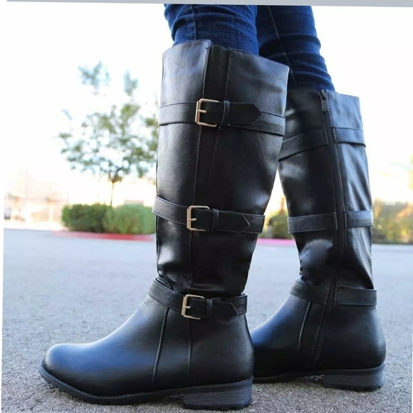 9'CLOCK Shoes - Alexa Buckle Knee High Motorcycle  Boots